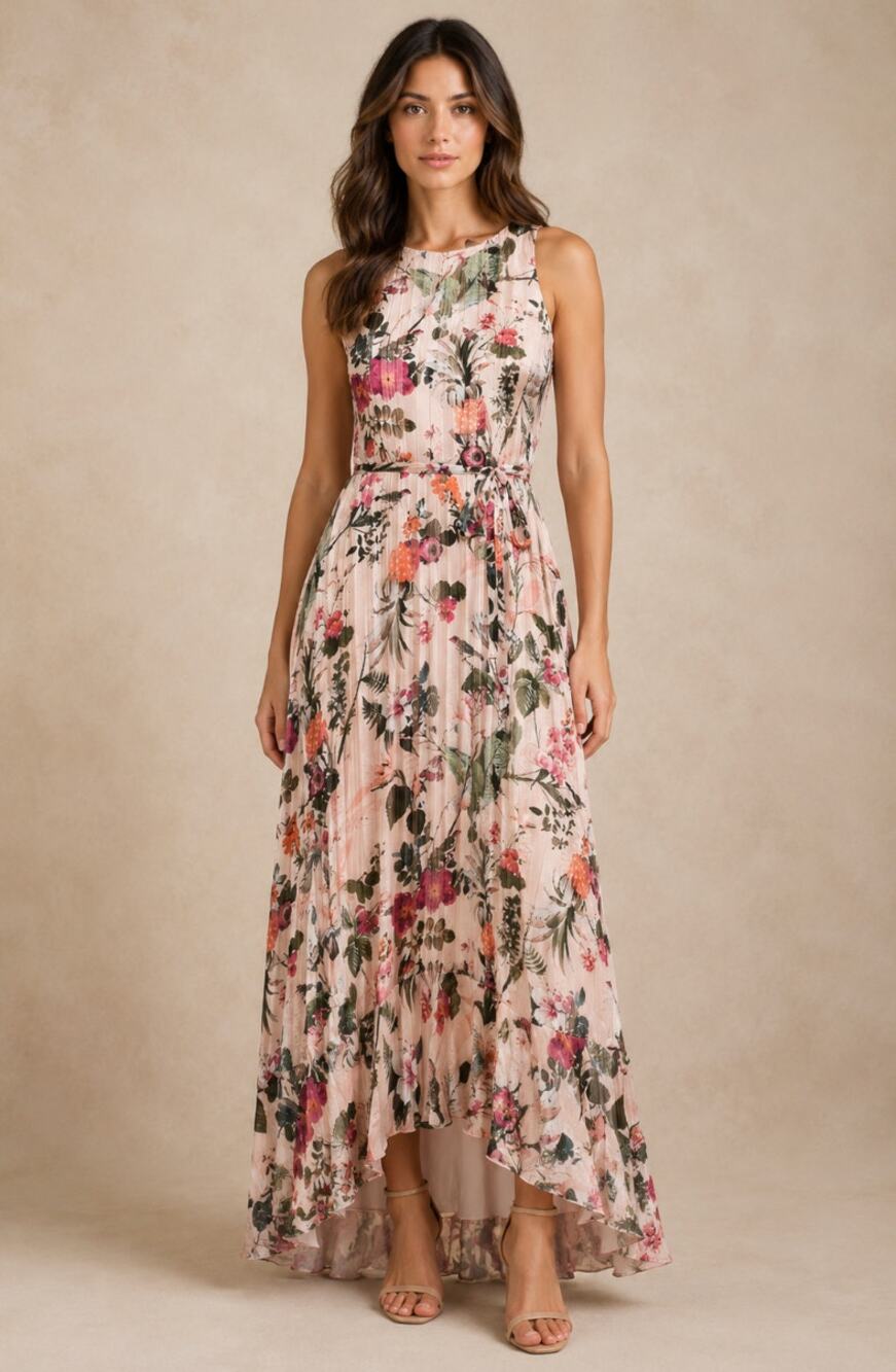 Banana Republic Pink Floral Fit Flare Halter Maxi Dress Pleated Wedding Guest 4